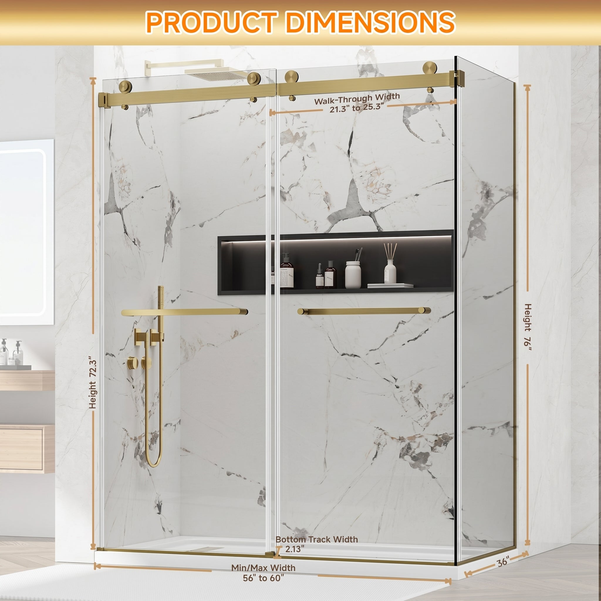 YTTSOYTS 56-60"W x 36"D x 76"H Frameless Double Sliding Shower Enclosure, 5/16" Thickened Tempered Glass Corner Shower Door, Shower Stall with Nano Coating, Stainless Handle, Brushed Gold