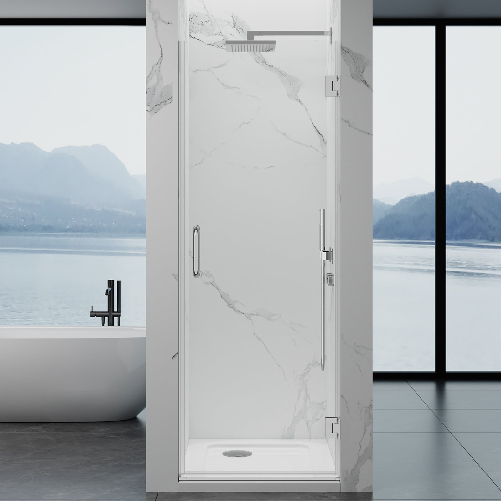 Frameless Hinged Shower Door 28"Wx76"H 8mm SGCC-Cert Tempered Glass Matte Black