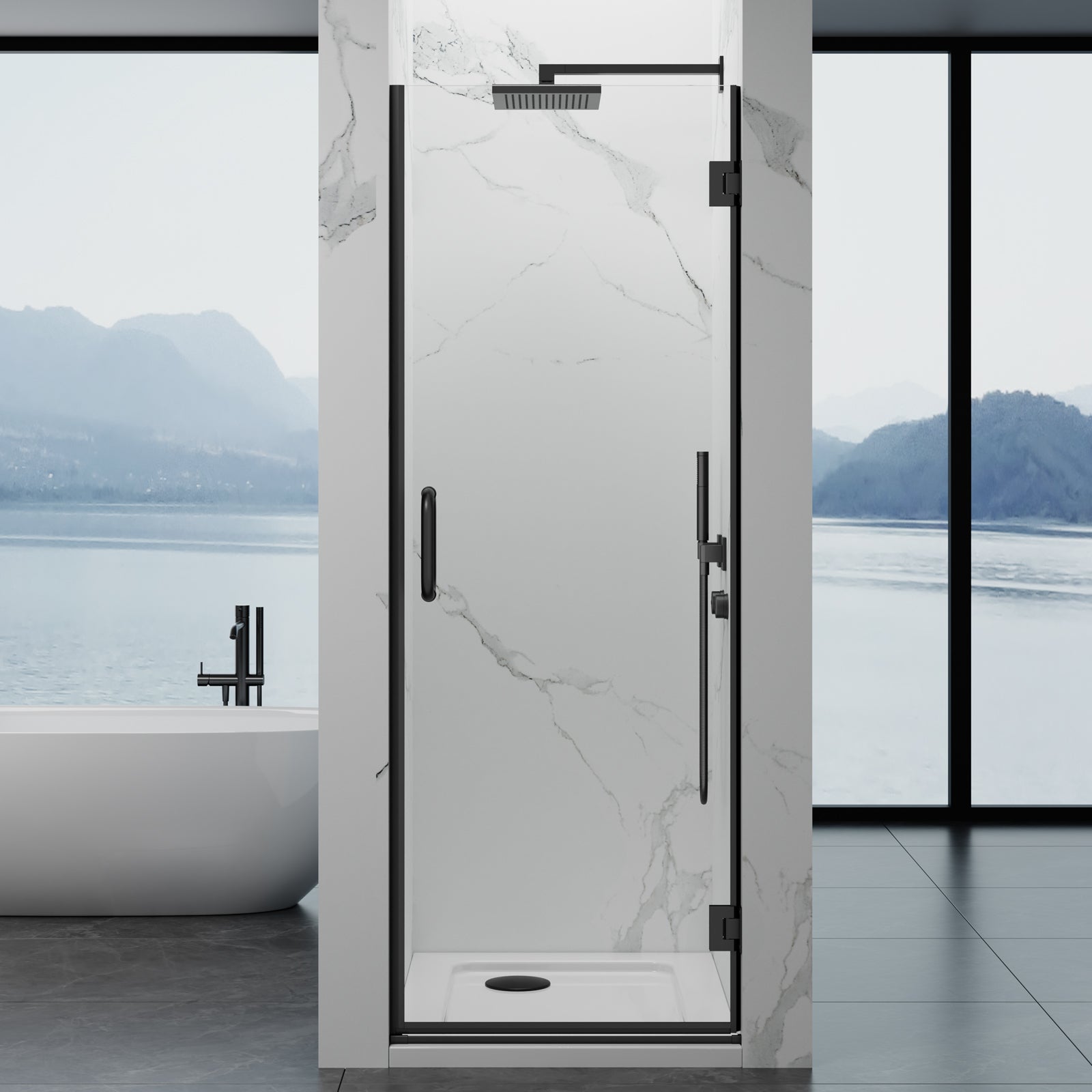 Frameless Hinged Shower Door 28"Wx76"H 8mm SGCC-Cert Tempered Glass Matte Black
