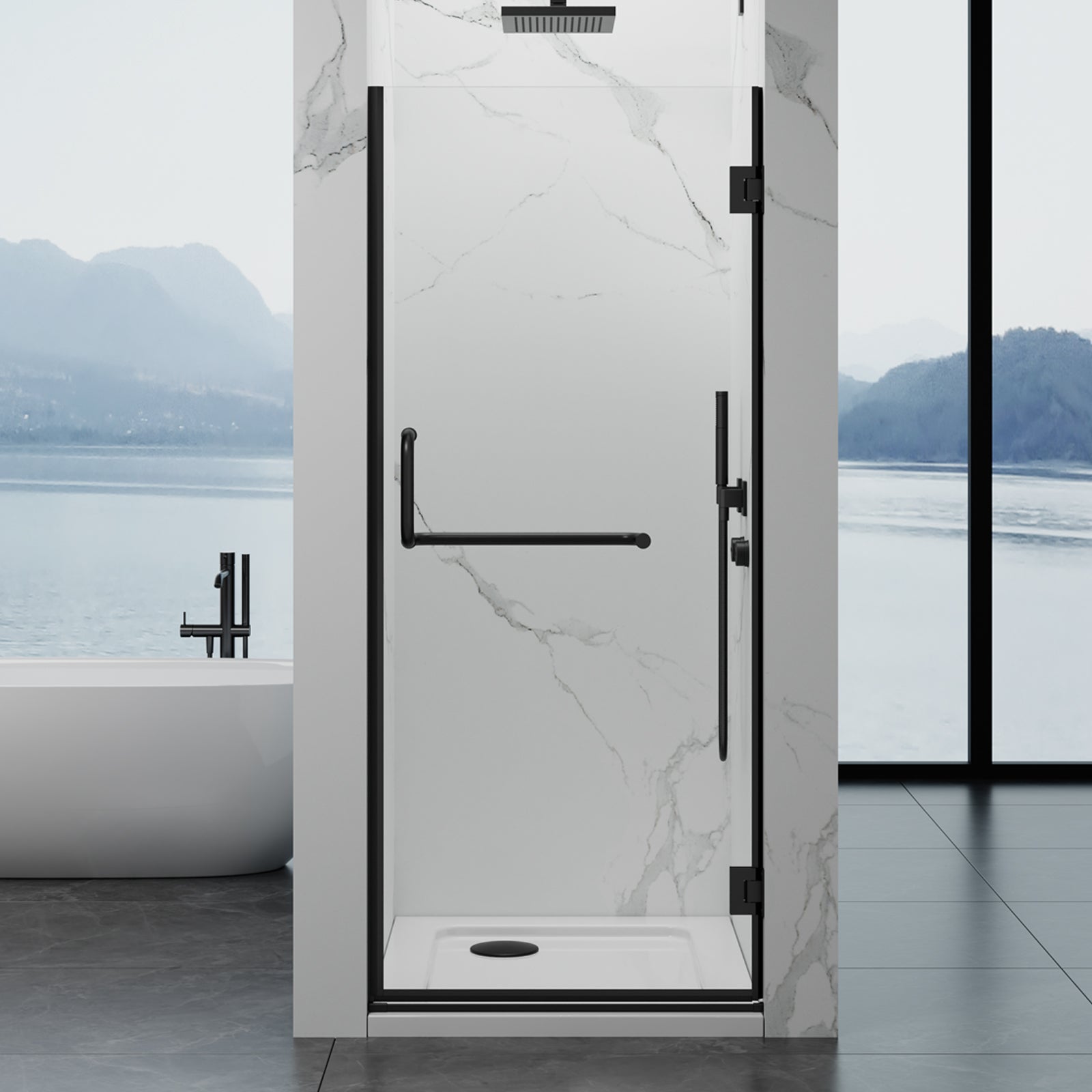 Frameless Hinged Shower Door 28"Wx76"H 8mm SGCC-Cert Tempered Glass Matte Black