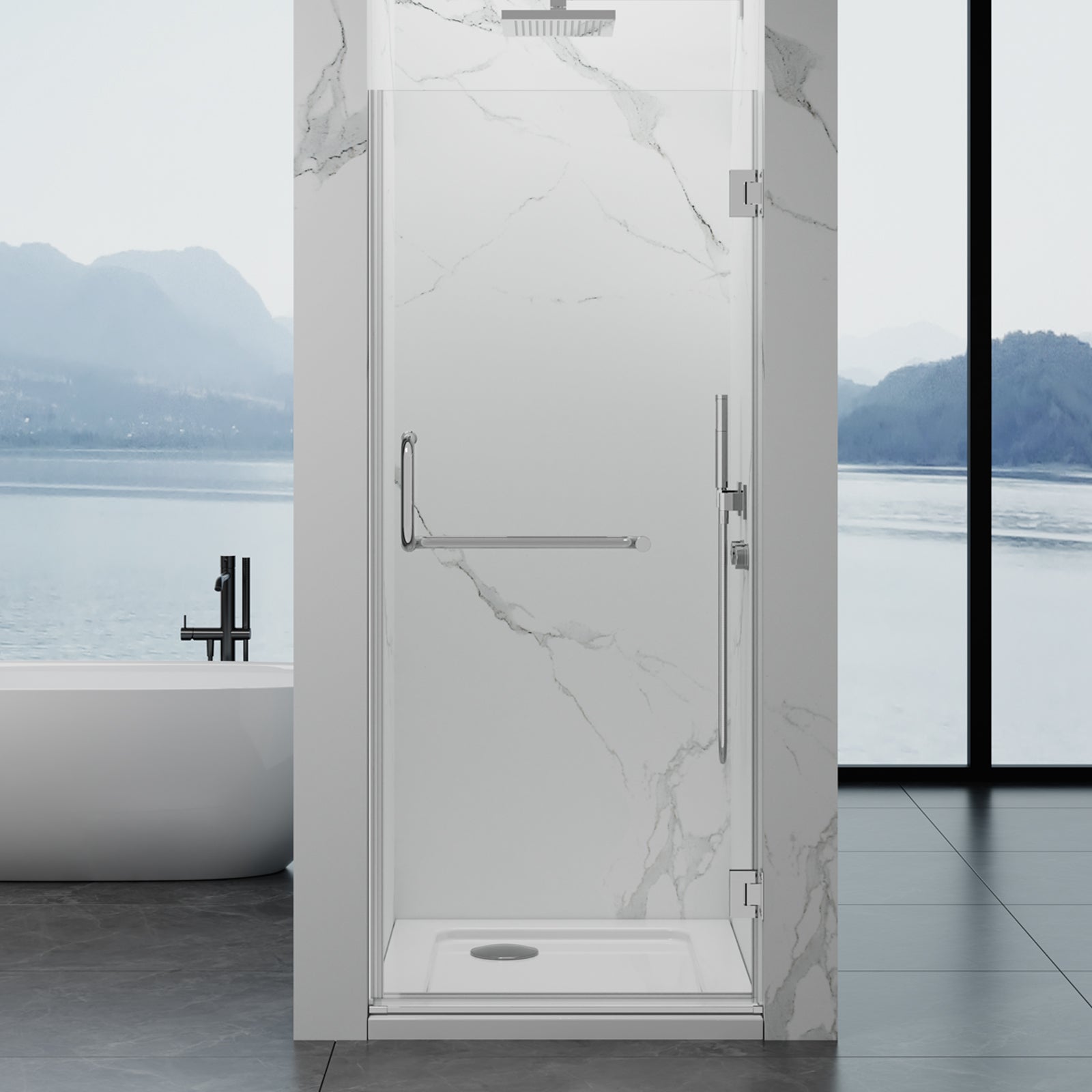 Frameless Hinged Shower Door 28"Wx76"H 8mm SGCC-Cert Tempered Glass Matte Black