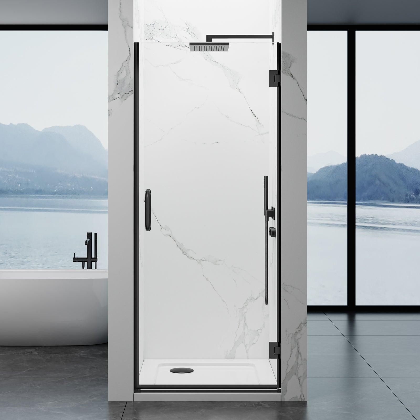 Frameless Hinged Shower Door 28"Wx76"H 8mm SGCC-Cert Tempered Glass Matte Black