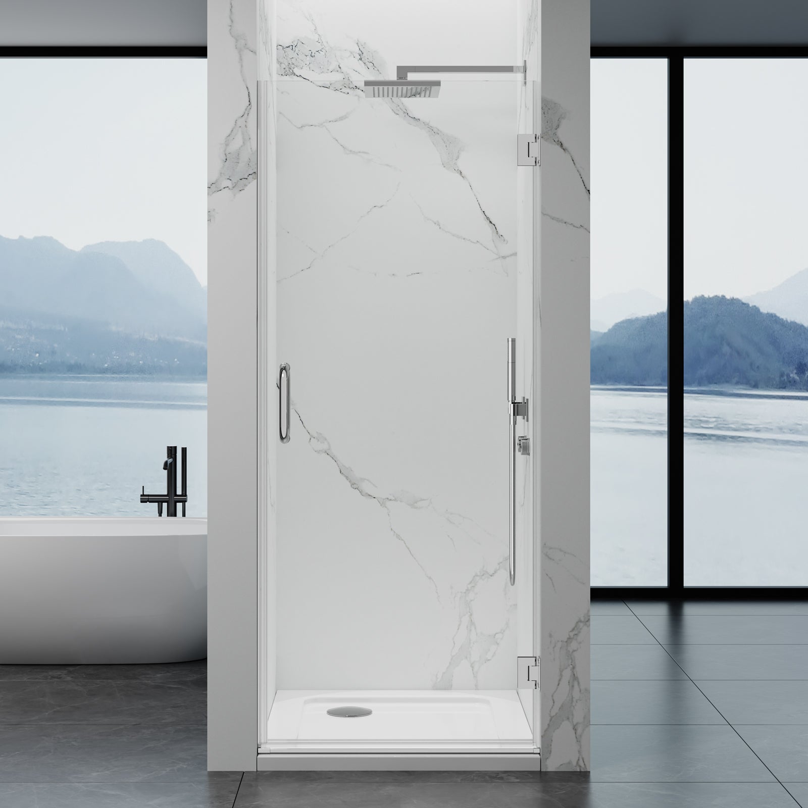 Frameless Hinged Shower Door 28"Wx76"H 8mm SGCC-Cert Tempered Glass Matte Black