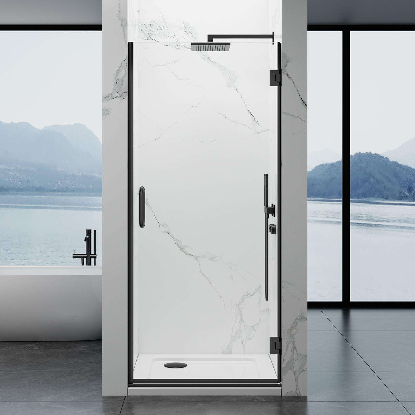 Frameless Hinged Shower Door 28"Wx76"H 8mm SGCC-Cert Tempered Glass Matte Black