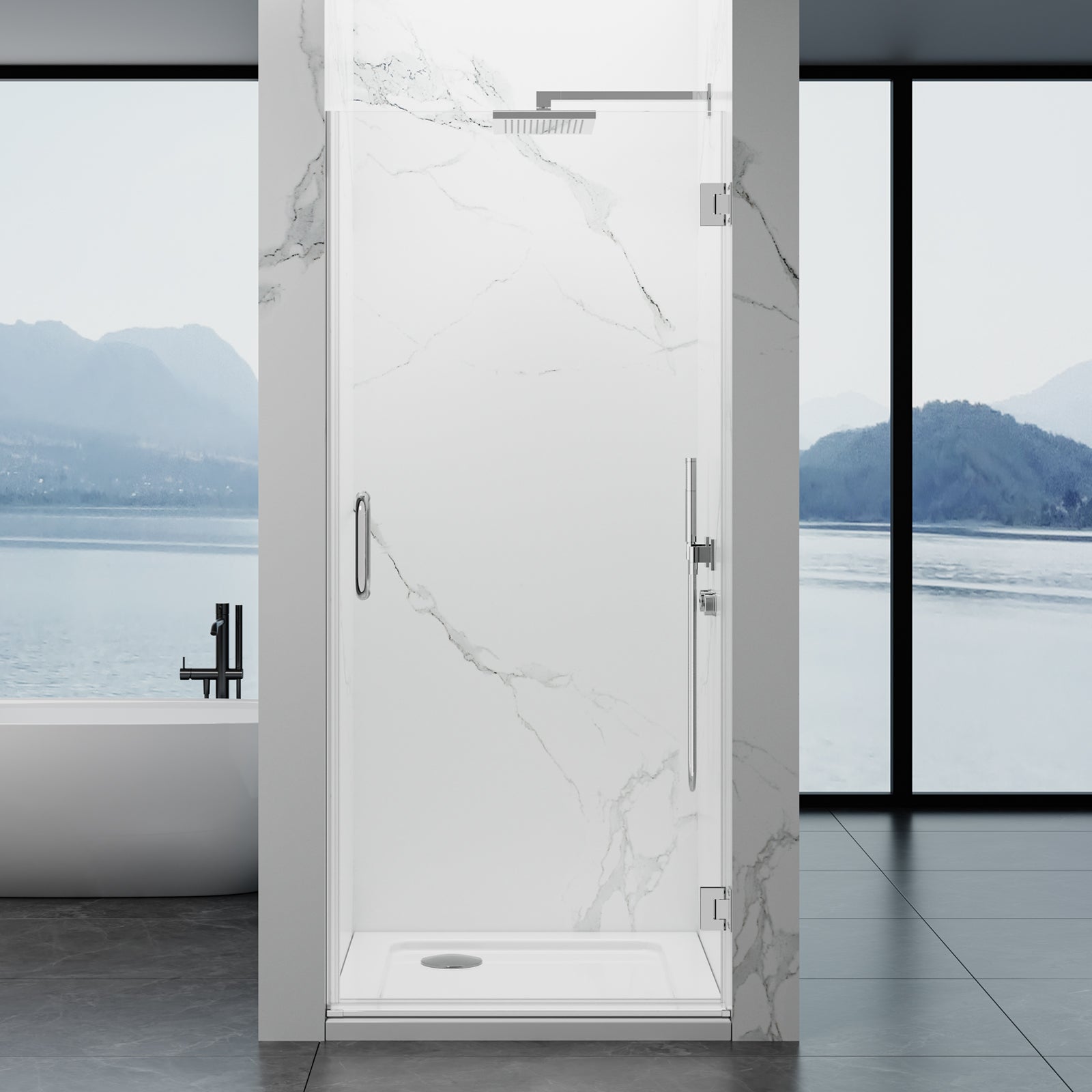 Frameless Hinged Shower Door 28"Wx76"H 8mm SGCC-Cert Tempered Glass Matte Black