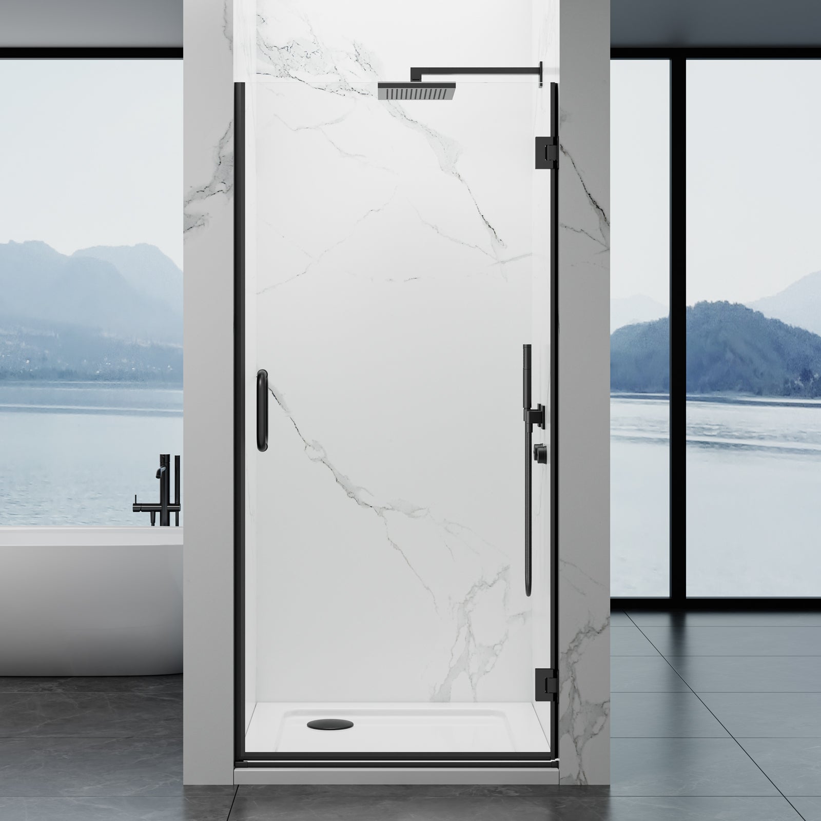 Frameless Hinged Shower Door 28"Wx76"H 8mm SGCC-Cert Tempered Glass Matte Black