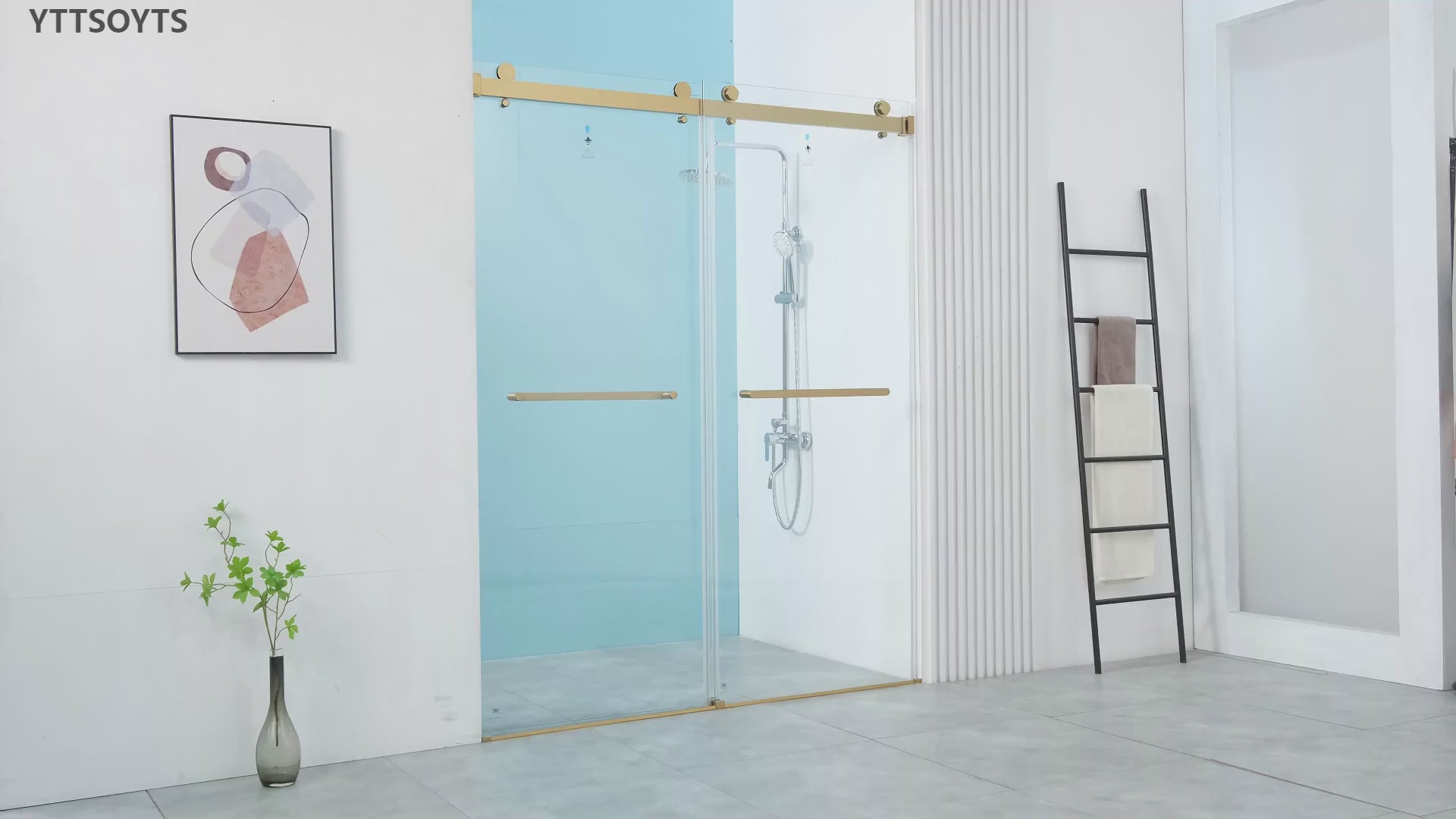 A01-56-60"x76" Waterproof Frameless Double Sliding Shower Door, 5/16" Tempered Glass, Gold