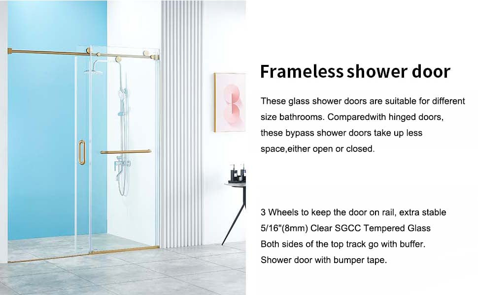 56-60" W x 76" H Frameless Sliding Shower Door, Frameless Shower Door, Shower Glass Door with 5/16" (8mm) Clear SGCC Tempered Glass, Stainless Steel Hardware O01 (Gold)