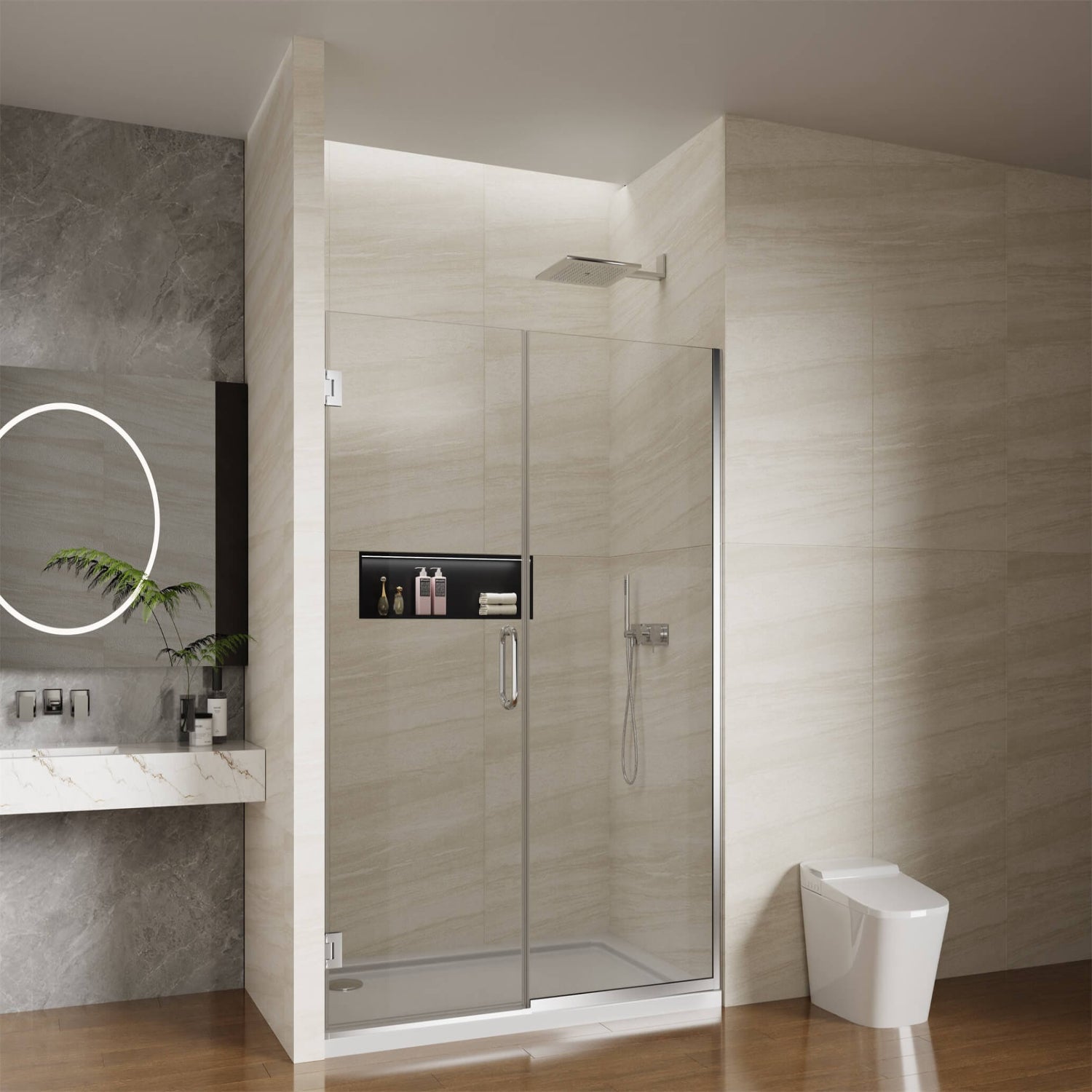 Pivot Swing Shower Door, 58.5-60" W x 74" H with 5/16 in (8mm) Clear SGCC Tempered Glass