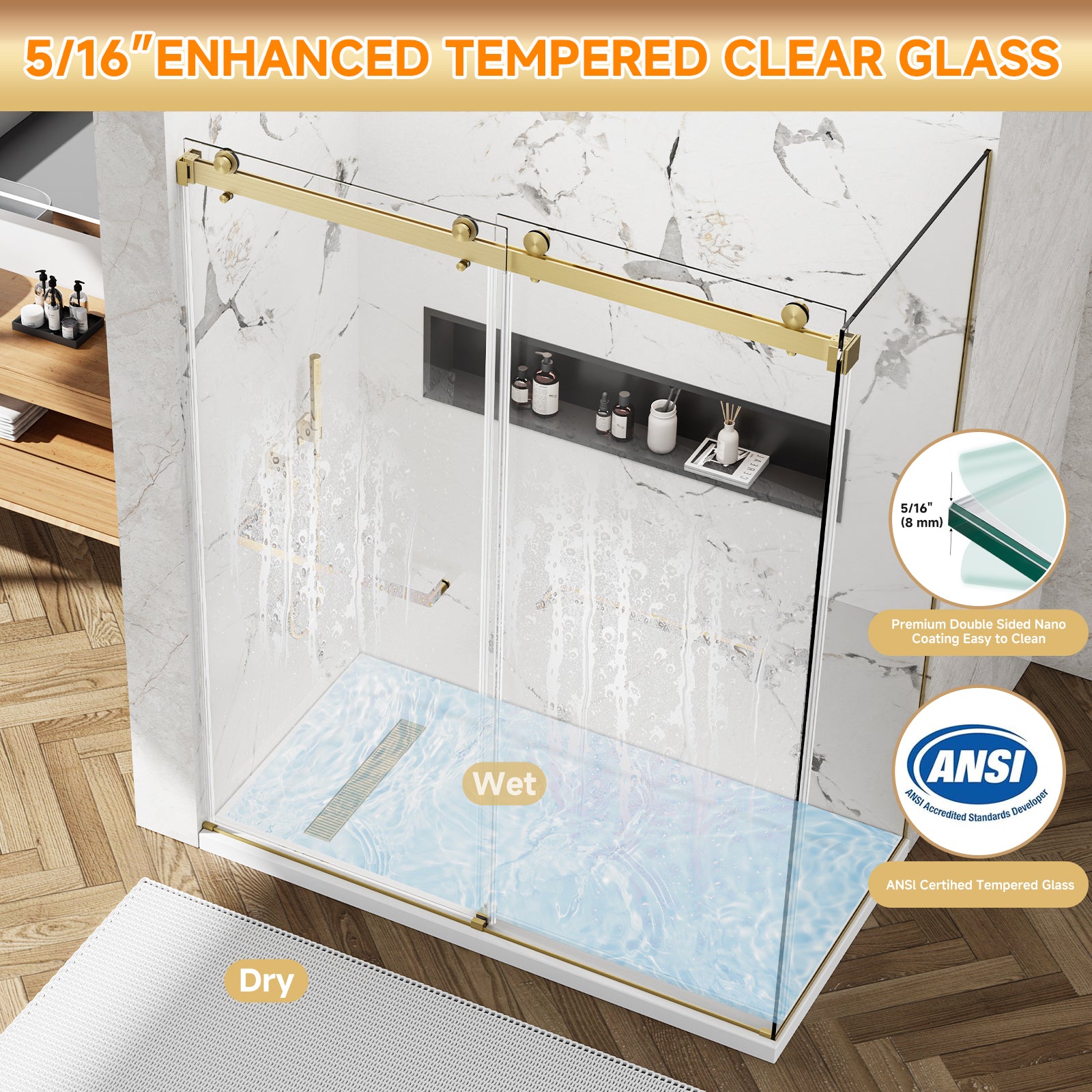 YTTSOYTS 56-60"W x 36"D x 76"H Frameless Double Sliding Shower Enclosure, 5/16" Thickened Tempered Glass Corner Shower Door, Shower Stall with Nano Coating, Stainless Handle, Brushed Gold