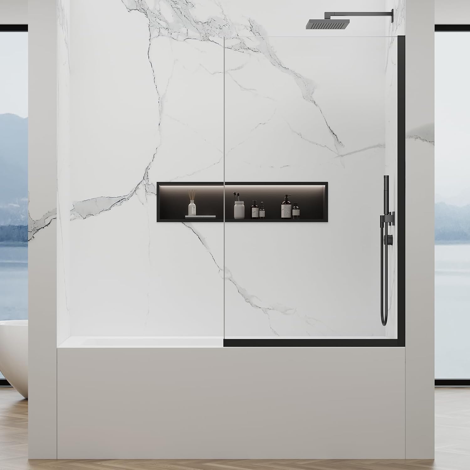 Shower Door Screen 36" W * 76" H, Semi-Framed Shower Glass Door, Single Shower Panel, 3/8"(10mm) Thick Tempered Glasss, Shower Wall Panels, Fixed Shower Screen for Bathroom - Matte Black