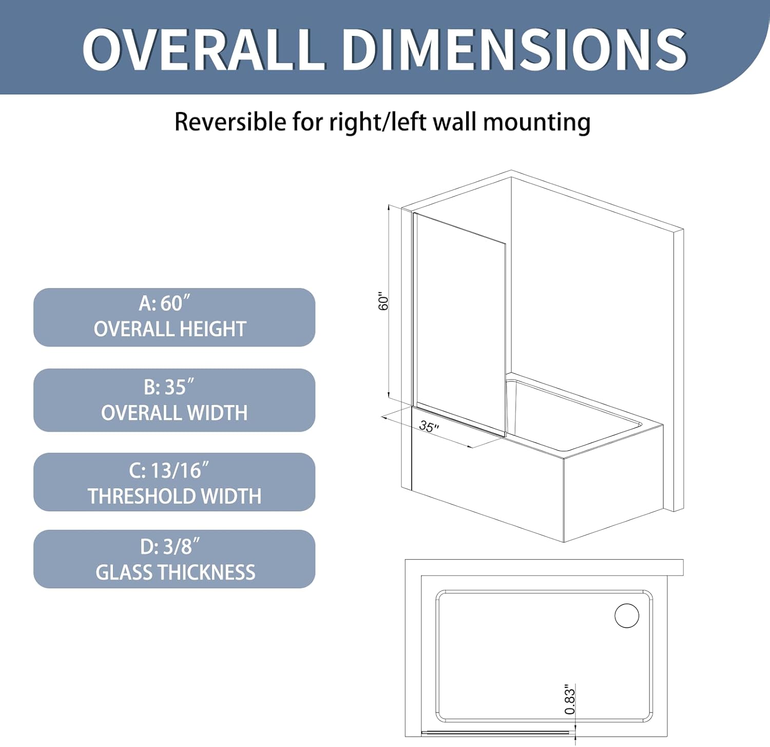 Shower Door Screen 36" W * 76" H, Semi-Framed Shower Glass Door, Single Shower Panel, 3/8"(10mm) Thick Tempered Glasss, Shower Wall Panels, Fixed Shower Screen for Bathroom - Matte Black