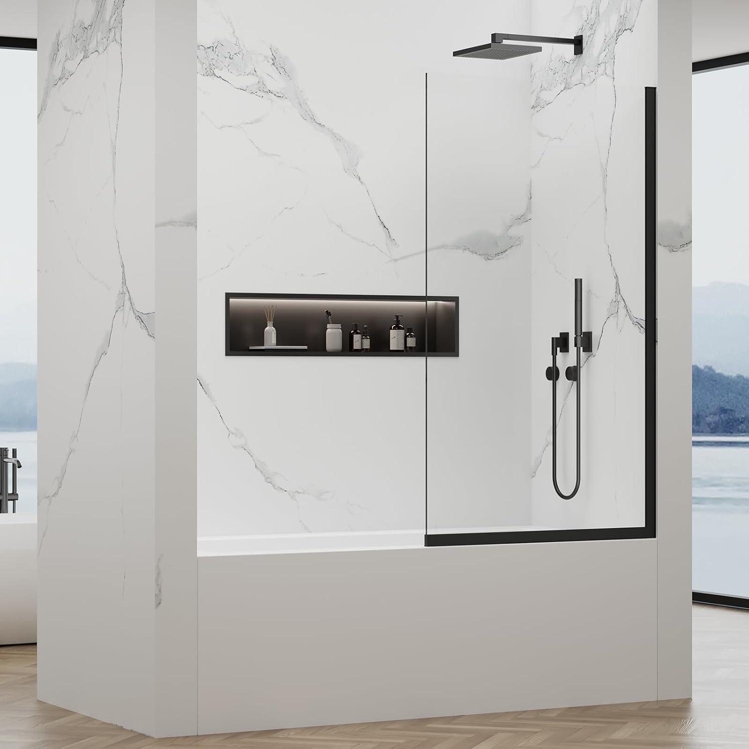 Shower Door Screen 36" W * 76" H, Semi-Framed Shower Glass Door, Single Shower Panel, 3/8"(10mm) Thick Tempered Glasss, Shower Wall Panels, Fixed Shower Screen for Bathroom - Matte Black