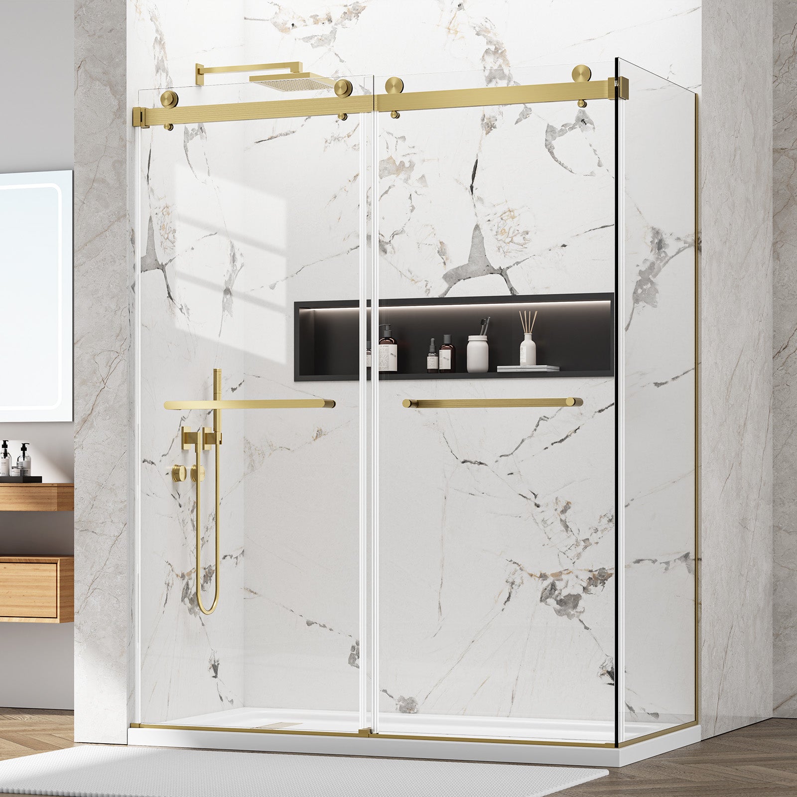 YTTSOYTS 56-60"W x 36"D x 76"H Frameless Double Sliding Shower Enclosure, 5/16" Thickened Tempered Glass Corner Shower Door, Shower Stall with Nano Coating, Stainless Handle, Brushed Gold
