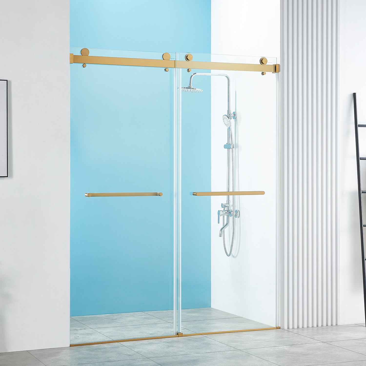 56-60" W x 76" H Frameless Double Sliding Shower Door, Frameless Shower Door, Shower Glass Door with 5/16" (8mm) Clear SGCC Tempered Glass, Explosion-Proof Film A01 (Gold)