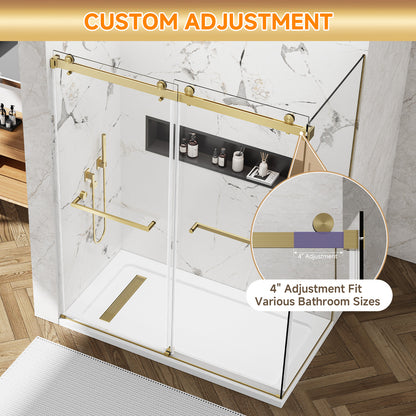 YTTSOYTS 56-60"W x 36"D x 76"H Frameless Double Sliding Shower Enclosure, 5/16" Thickened Tempered Glass Corner Shower Door, Shower Stall with Nano Coating, Stainless Handle, Brushed Gold