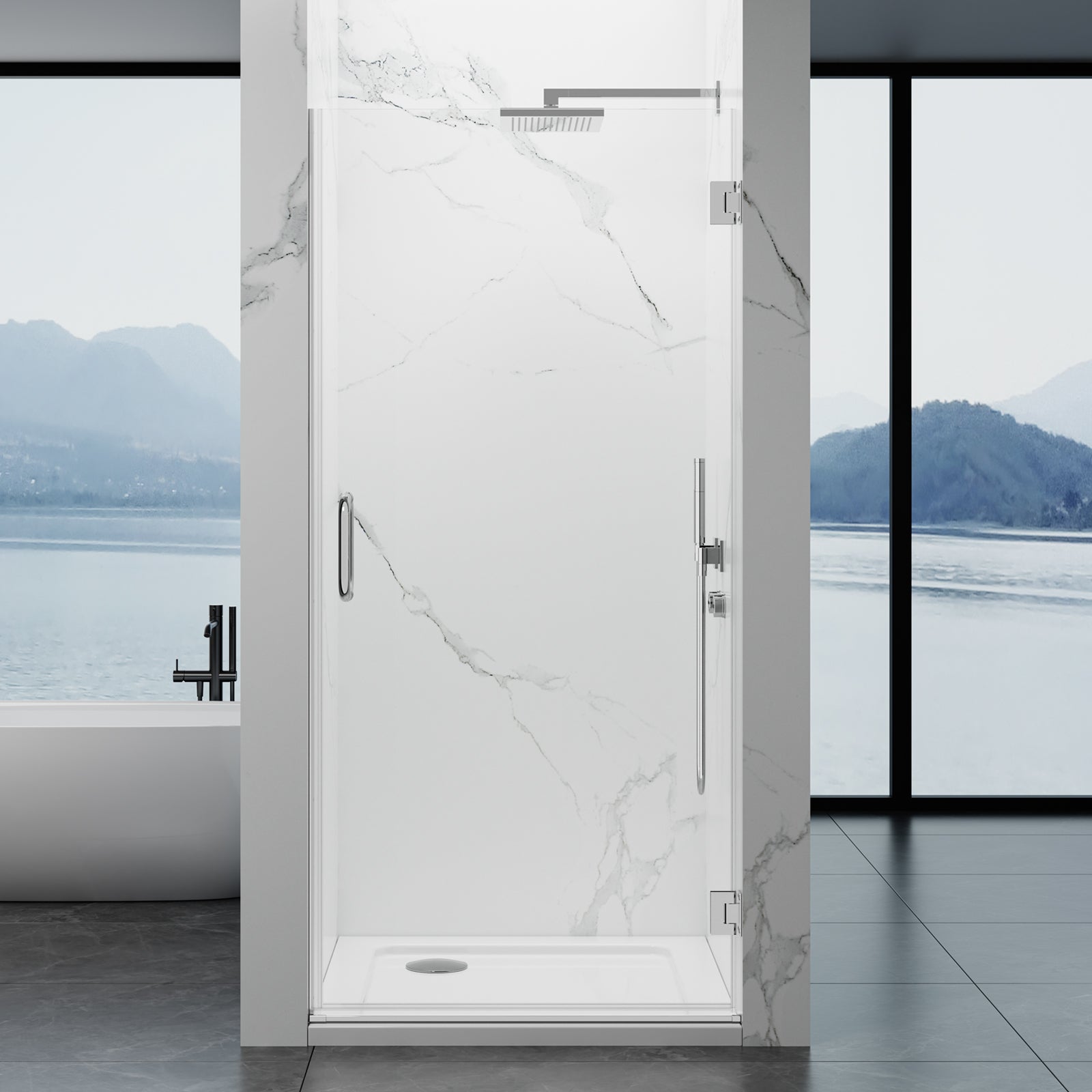 Frameless Hinged Shower Door 28"Wx76"H 8mm SGCC-Cert Tempered Glass Matte Black