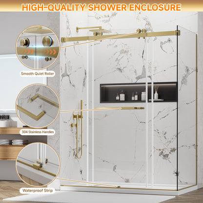 YTTSOYTS 56-60"W x 36"D x 76"H Frameless Double Sliding Shower Enclosure, 5/16" Thickened Tempered Glass Corner Shower Door, Shower Stall with Nano Coating, Stainless Handle, Brushed Gold