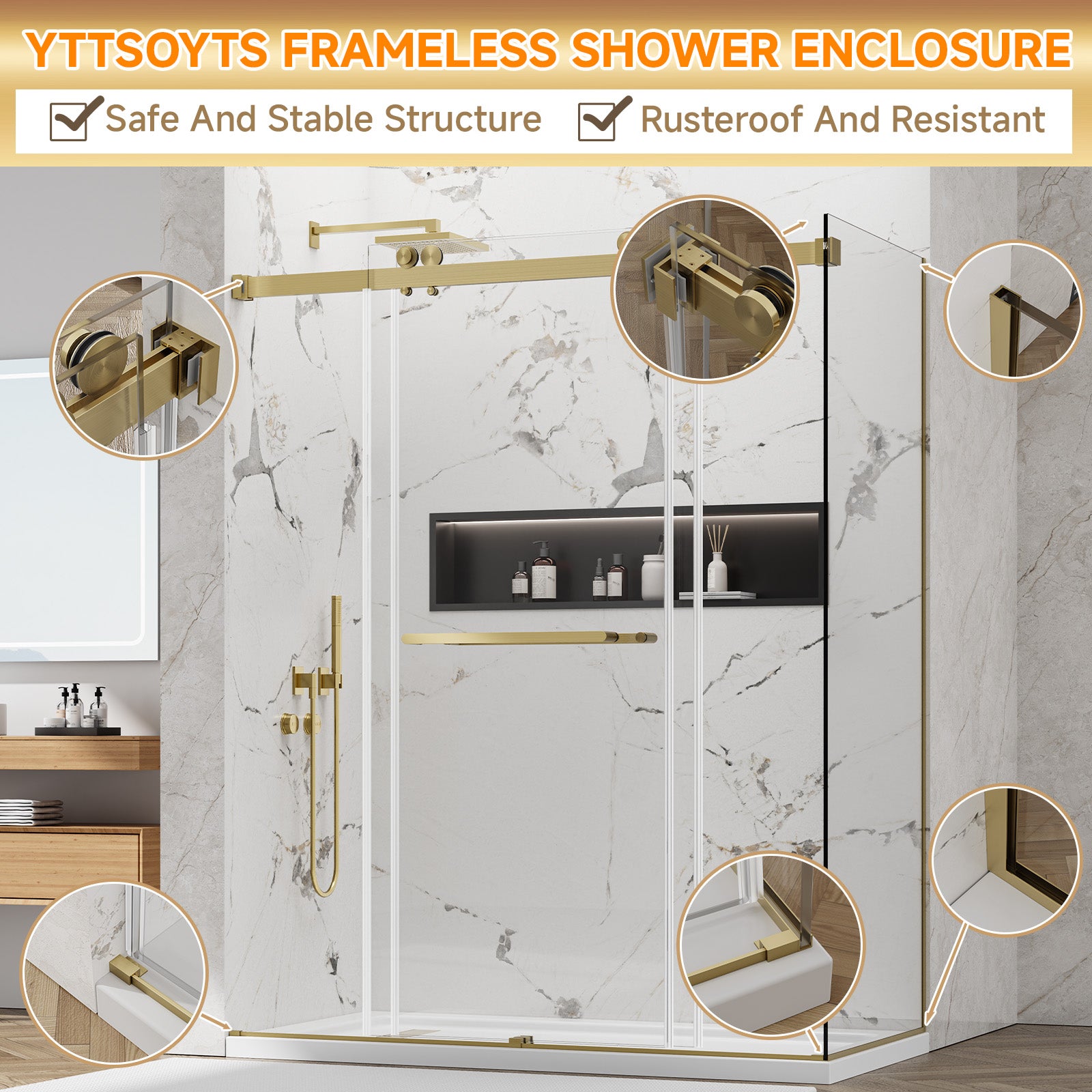 YTTSOYTS 56-60"W x 36"D x 76"H Frameless Double Sliding Shower Enclosure, 5/16" Thickened Tempered Glass Corner Shower Door, Shower Stall with Nano Coating, Stainless Handle, Brushed Gold