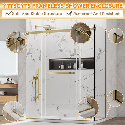 YTTSOYTS 56-60"W x 36"D x 76"H Frameless Double Sliding Shower Enclosure, 5/16" Thickened Tempered Glass Corner Shower Door, Shower Stall with Nano Coating, Stainless Handle, Brushed Gold